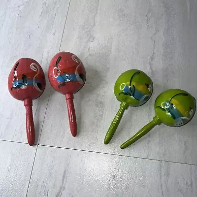 Hand Painted Maracas Green Pink Mexico Folk Art Music Shaker Rattles Set Of 4 • $8.78