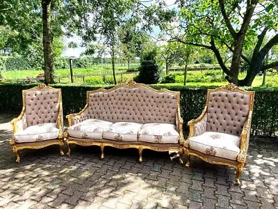 Classic 1900s Louis XVI Sofa Set: Tan Velvet Damask Cushions • $3900