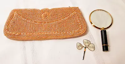 Vintage Magid Small Beaded Clutch Purse Makeup Bag Beige Japan Compact Mirror • $16.95