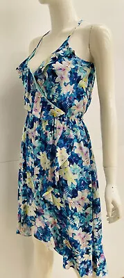 $22 • Buy Forever New Dress 10 Blue Frangipani Floral Print Faux Wrap Ruffle Trim Dress