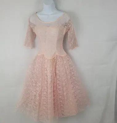 LORRIE DEB Womens SMALL? (7) Dress 1950s Tea Length Cocktail PINK Lace A Line • $99.99