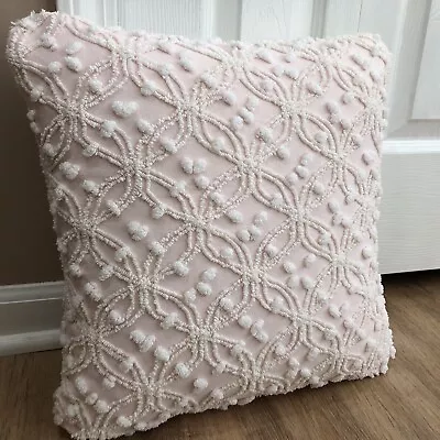 Cabin Craft Blush Pink Cream Throw Pillow Case From Chenille Bedspread 16x16” • $34.99