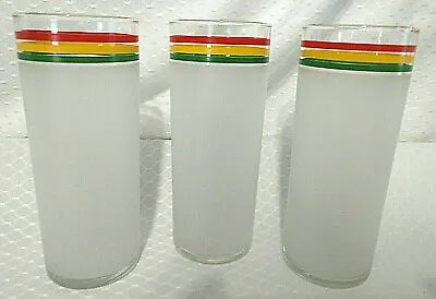 Libbey Glasses Tumbler Frosted Red Yellow Green Bands 6  Tall Set Of 3 Vintage • $24.99