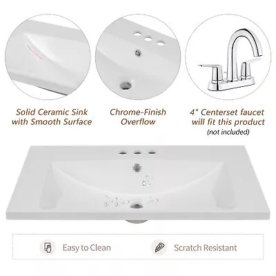 30  Single Bathroom Vanity Top With White Basin 3-Faucet Holes Ceramic White • $316.30