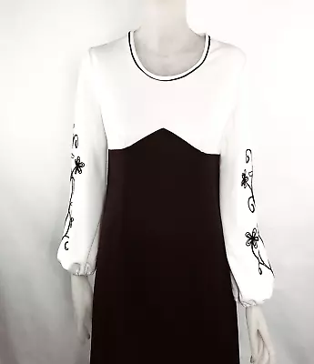 Vintage 1970's Black & White Maxi Long Sleeve Cocktail Dress Embroidery Size 14 • $125