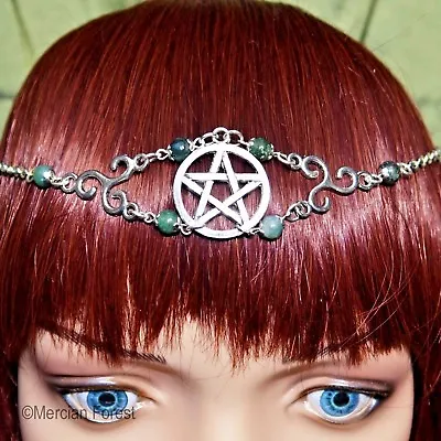 Pentacle Triskele Moss Agate Headdress - Pagan Jewellery Wicca Ritual Circlet • £12.50