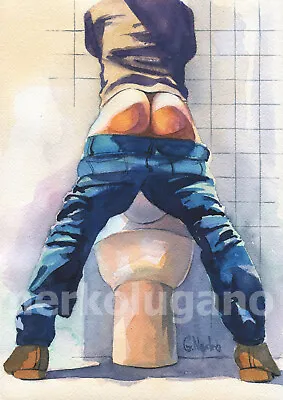 PRINT Original Art Work Watercolor Painting Gay Male Nude  Public Toilet 32  • $18.99