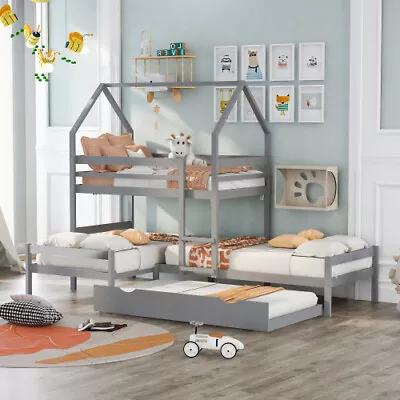 L Shaped Wooden Bunk Bed Triple Bed House Bed W/ Trundle Bed Platform Bed Frames • $864.90