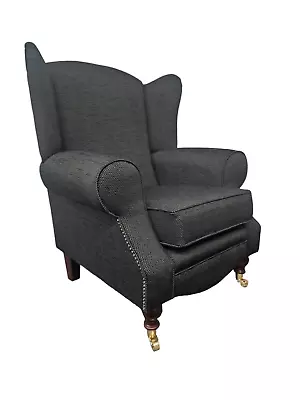 Wing Back Queen Anne Chair Black Basketweave Fabric Standing On Solid Wood Legs • £299