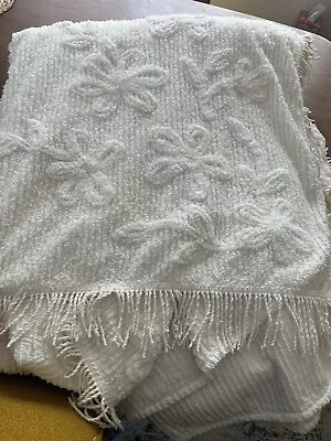 Vintage White Chenille Blanket Fringed Floral Bedspread 80 X 110 Full Queen • $50