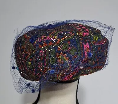 Vintage Women's Pillbox Hat Floral Silk With Blue Netting Bright Pink Green Blue • $14