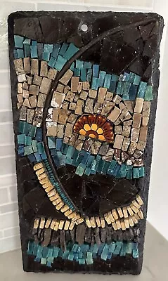 Handmade Mosaic Wall Art On Slate Smalti Glass Stone Metal Turquoise Brown • $83