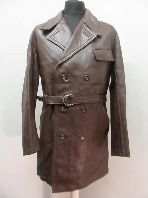 Vintage 70's French Police Detective Heavy Leather Trench Coat Pea Jacket Size M • £89