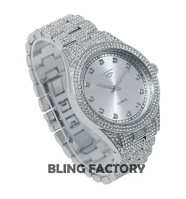 Men Iced Rapper Silver PT Lab Diamond Metal Band Hip Hop Luxury Urban Watch • $28.99