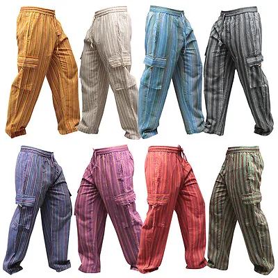 Men Stripes Wide Leg Hippie Boho Festival Cargo Trousers Casual Combat Pants • £19.49