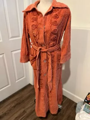 Vintage 1950 Chenille Belted Button Up Robe Women's Medium Cotton 51  Long • $97.50