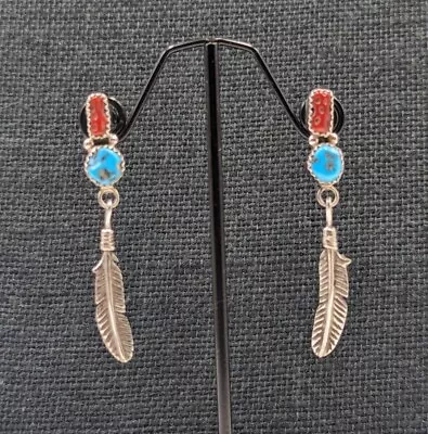 Vtg Sterling Silver Navajo Red Coral & Turquoise Feather Dangle Native Earrings  • $53.99