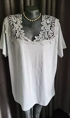 NWT JOAN BOYCE Light Gray S/S TOP Embroidered Lace V-Neckline Sz 3X • $5