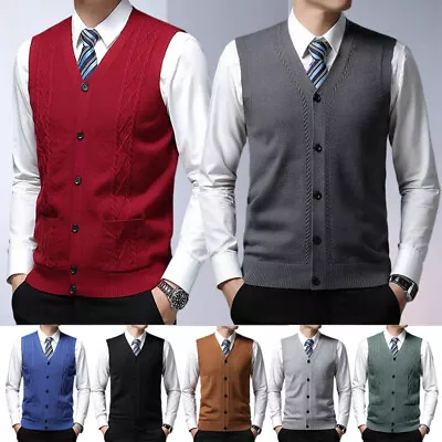 Mens V Neck Sleeveless Vest Jumper Button Up Sweater Tank Top Cardigan Casual • $30.20