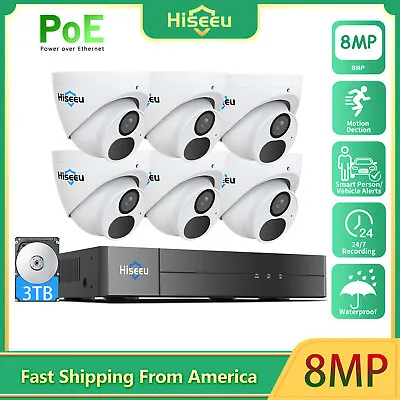 Hiseeu 6PCS 8MP 4K PoE Security Camera System 100ft Night Vision 3TB HDD Record • $350.99