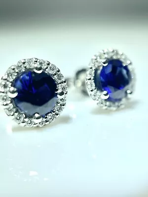 14 Kt. Sapphire And Diamond Halo Style Stud Earrings New Certified • $995