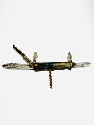 $30 • Buy ANTIQUE Knife Carbon Steel HORN Handles 8-in-One Multi Tool VINTAGE