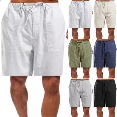 Men Cotton Linen Elastic Waist Shorts Drawstring Summer Beach Casual Short Pants • $16.52