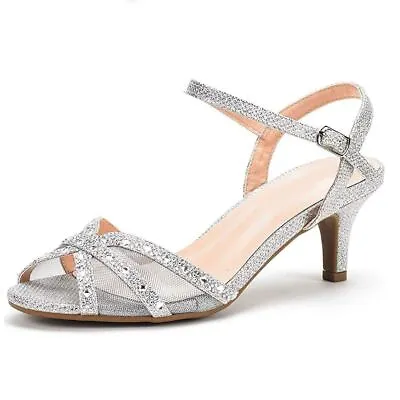 Womens Low Mid Heels Wedding Shoes Glitter Diamante Bridal Sandals Comfortable • £16.99