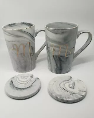 Marble Coffee Mugs W Lids MR MRS Wedding Bride Groom Engagement Shower NWOT Gift • £14.28