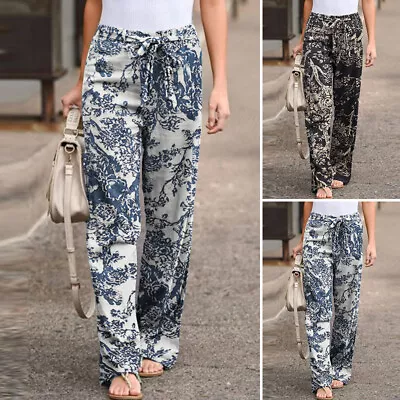 Womens Cotton Linen Floral Long Pants Straight Wide Leg Chino Trousers With Belt • $24.02