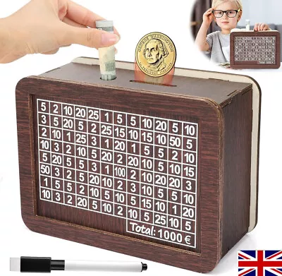 Retro Wooden Money Box With Counting Target Piggy Bank UK Coin Saving Jar Boxes • £6.99