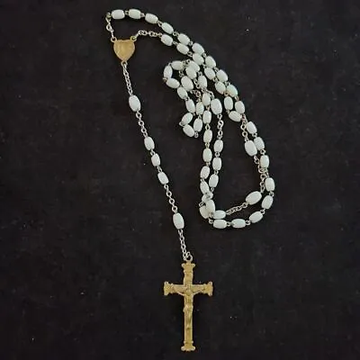 Vintage White Glass Or Porcelaine Prayer Beads Italy Catholic Rosary White 18  • $19.50