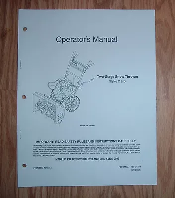 Mtd C & D Styles Snow Thrower Operators Manualwith Illustrated Parts List • $9.95