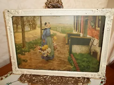 Vtg Gesso/wood Picture Frame Old Print Peasant Girl Selling Bouquet Of Flowers • $22