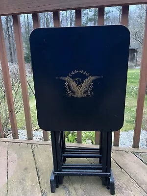 Four Black W/Eagle Vintage Artex Folding TV Snack Trays With Stand • $289