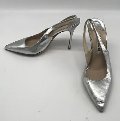 Manolo Blahnik Womens Silver Pointed Toe Slingback Heel Sz 39.5 • $127.50