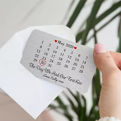 £7.99 • Buy Personalised First Kiss Date Metal Wallet Card Anniversary Keepsake Gift Love