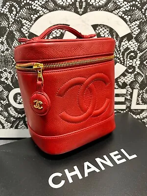 CHANEL CC Vanity Hand Bag Caviar Leather Red Gold France Vintage JAPAN 594 • $640