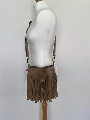 £35 • Buy Real Suede Tan Drawstring Fringe Crossbody Bag With Adjustable Straps
