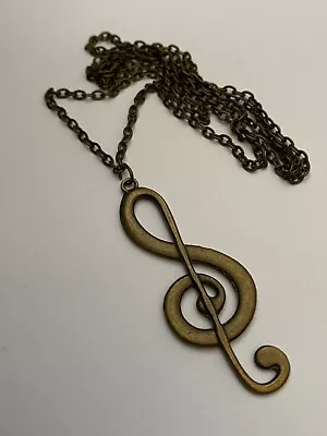 Bronze Treble Clef Music Note Charm Pendant 60mm X 21mm 30  Long Chain Necklace • £3.99