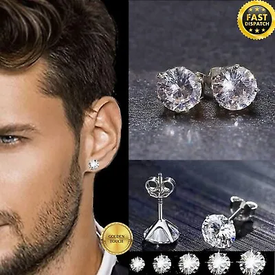 Pair Of Mens Women Silver Steel Cz Diamond Crystal Non-allergenic Stud Earrings • £4.99