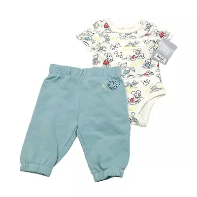 Disney Baby Boy Size 3-6M Bodysuit & Pant Set Outfit Mickey Mouse White Blue Red • $8.99