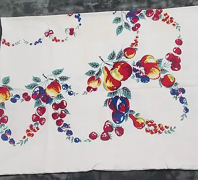 Vintage 50s Printed Cotton Tablecloth Fruits Cherries Strawberries Peaches 64” • $50