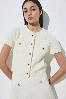 NWT H&M Structured-Knit Fitted Short-Sleeved Cardigan White/Gold-Colored Sz XXL • $72.99