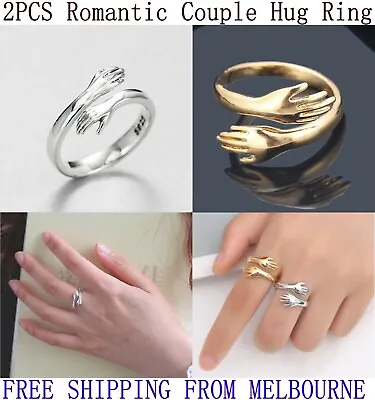 $4.95 • Buy 2PCS Couple Hug Ring Adjustable Open Rings Gift Silver Or Gold - Brand New