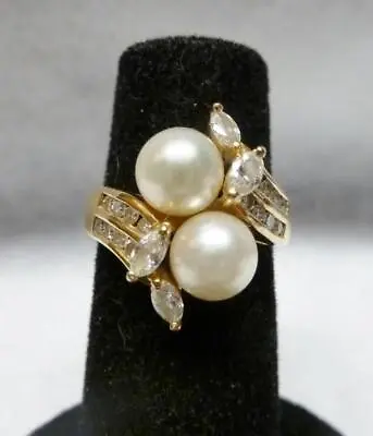 Lovely Vintage 14k Gold Ring With 2 Natural Pearls & 20 Side Diamonds. Size 6 • $295