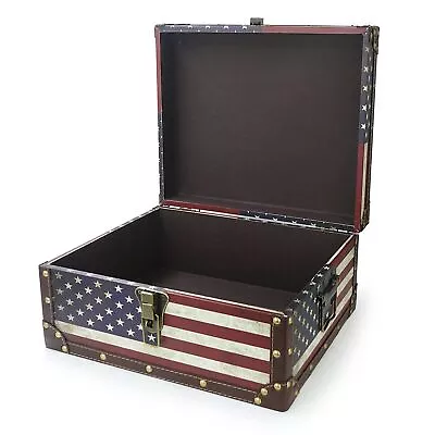 Large Vintage Decorative Storage Trunk - Wooden American Flag Treasure Chest Box • $68.34