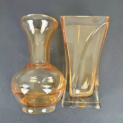 Mid Century Orange Glass Vases Set Of 2 Small 5 Inch Mod Round Rectangular • $29.98
