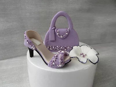 Edible Handmade Shoe Handbag And Flower Fondant Sugar Paste Cake Topper (Lilac) • £27.99