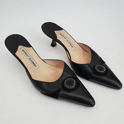 Manolo Blahnik Leather Sling Back Black Pumps W/Suede Button Accent Sz 36 • $149.99